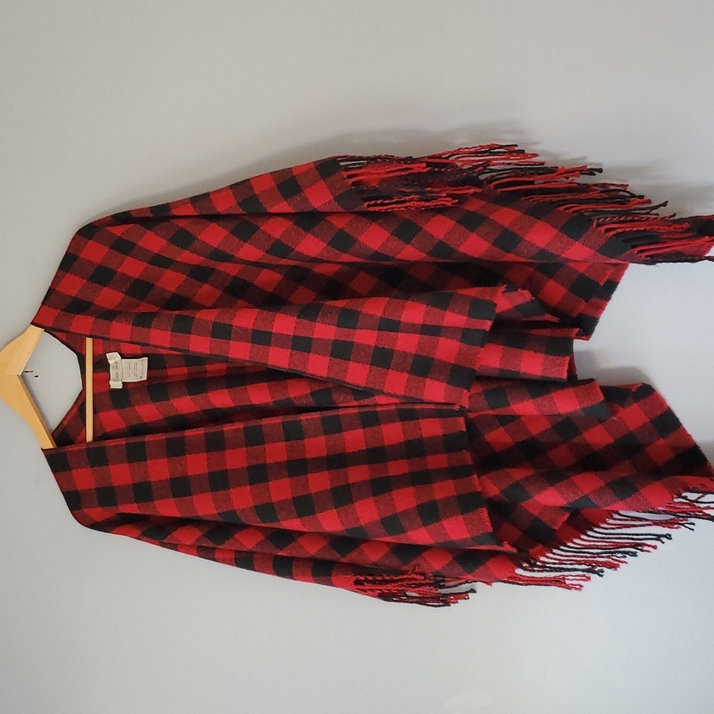 Charlie Paige Red Black Checkered Blanket Wrap Shawl w Fringe Womens OS